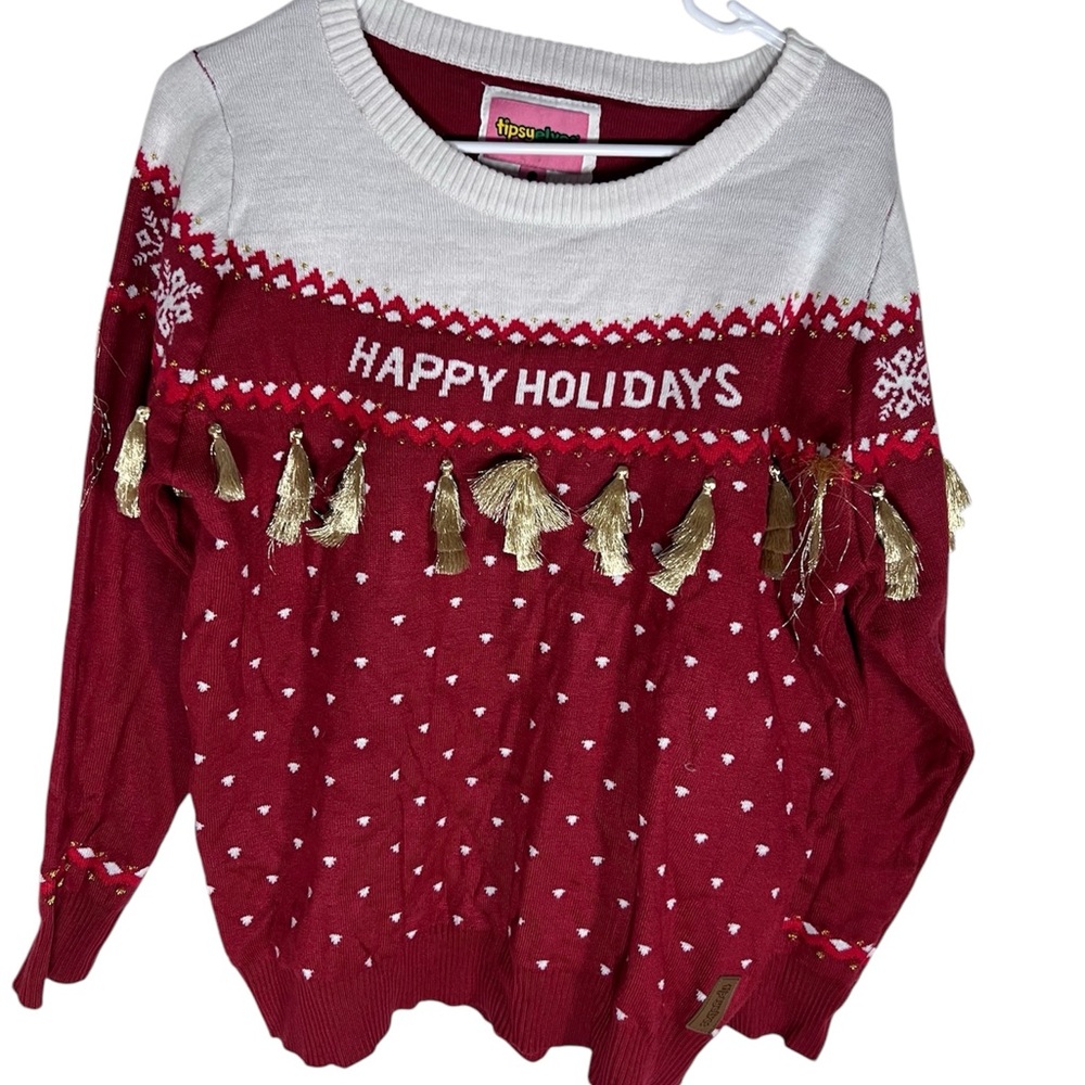 Tipsy Elves Red and White Festive Sweater with Fair Isle Pattern Size L